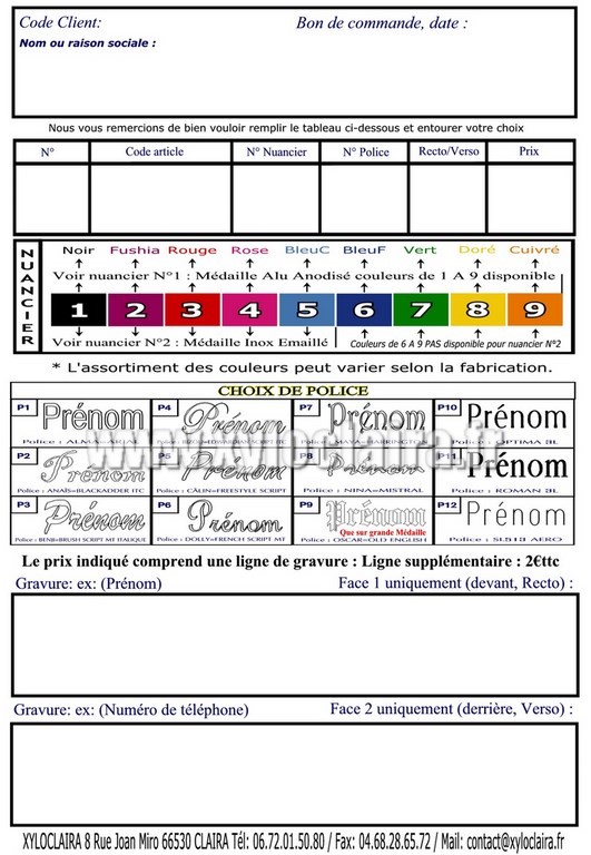 bon de commande medaille d'animaux
